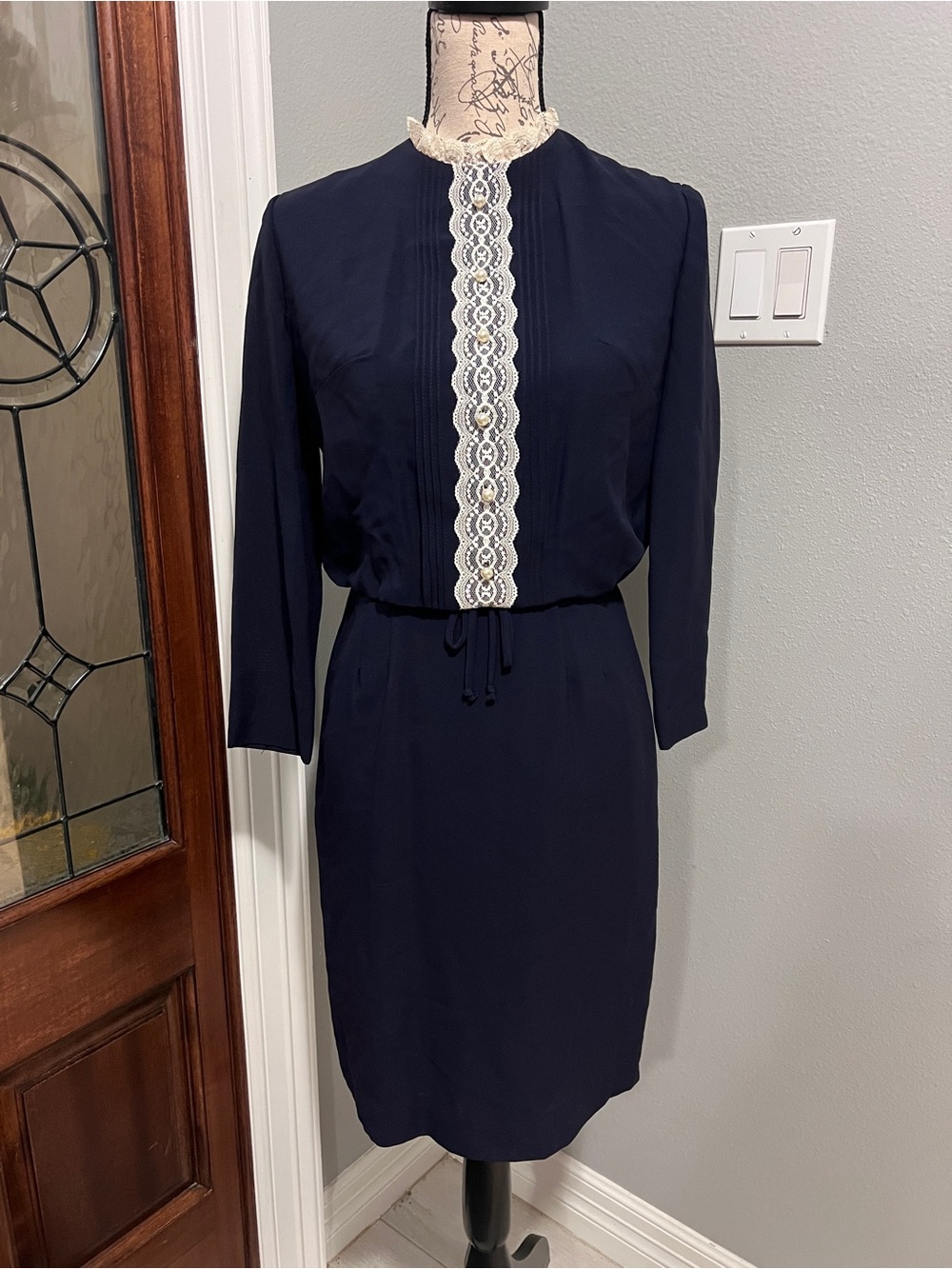 VTG 70s Navy Blue Lace Trim Victorian Modest Blouson Dress Pearl Accent XS